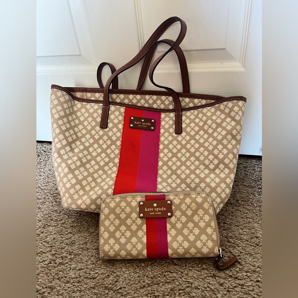 Kate Spade tote Pink and Orange stripe with matching wallet